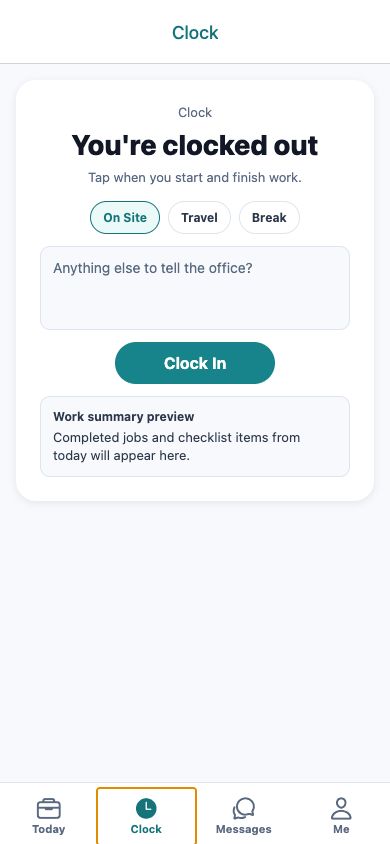 Crewzon mobile Clock screen with work type choices and timesheet notes