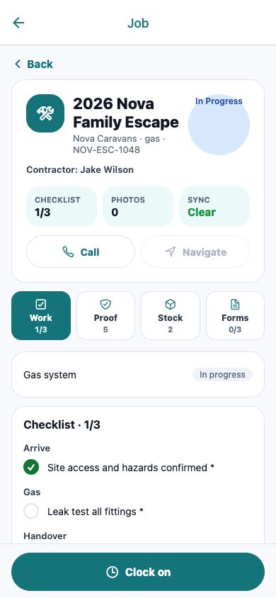 Crewzon mobile job cockpit showing checklist, proof, stock and forms for a field job