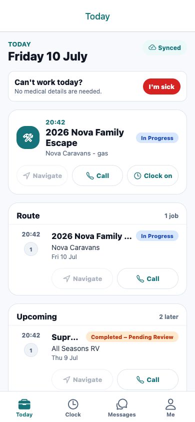 Crewzon mobile Today screen showing a contractor's scheduled jobs and sync status